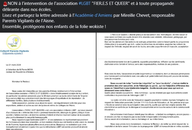 Capture d&#39;écran d&#39;un message relayé sur Facebook par un des responsables du groupe Reconquête de l&#39;Aisne concernant une lettre de Parents Vigilants au Recteur de l&#39;Académie d&#39;Amiens
